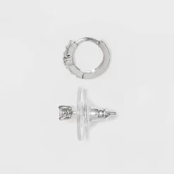 Sterling Silver Cubic Zirconia Stud And Huggie Hoop Trio Earring Set - A New Day™