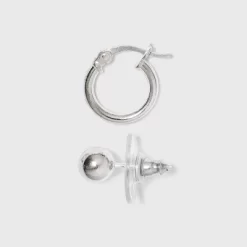 Sterling Cubic Zirconia Silver Ball Studs And Hoop Trio Earring Set - A New Day™ Silver