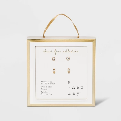 14K Gold Plated Cubic Zirconia Triple Circle Stud Earring Set 2pc - A New Day™ - Image 2