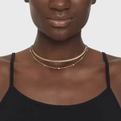 Herringbone And Ball Chain Necklace 2pc - A New Day™ Metallic Gold