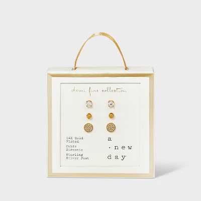 14K Gold Plated Cubic Zirconia Ball Pave Trio Stud Earring Set - A New Day™ Gold - Image 2