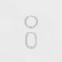 Sterling Silver Polished Round And Pave Rectangular Huggie Hoop Earrings 2pc - A New Day™ Silver