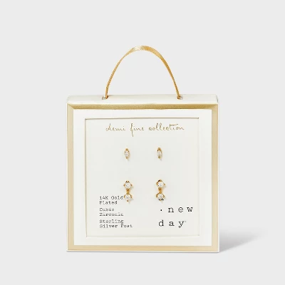 14K Gold Plated Cubic Zirconia Marquise And Dangle Duo Stud Earring Set - A New Day™ Gold - Image 2