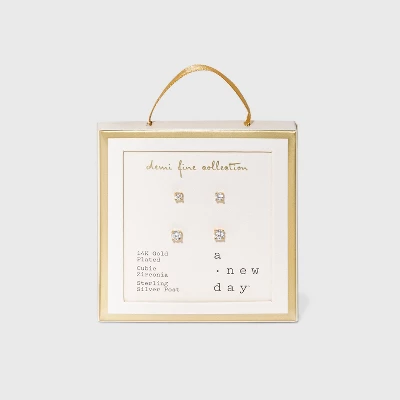 14K Gold Plated Cubic Zirconia Duo Stud Earrings - A New Day™ - Image 2